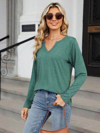 Notched Long Sleeve T-Shirt for Women in Various Sizes - Selvanelle