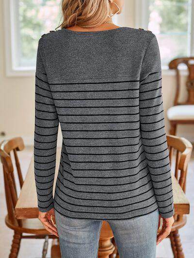 Lovelet Striped Round Neck Long Sleeve T-Shirt for Women - Selvanelle