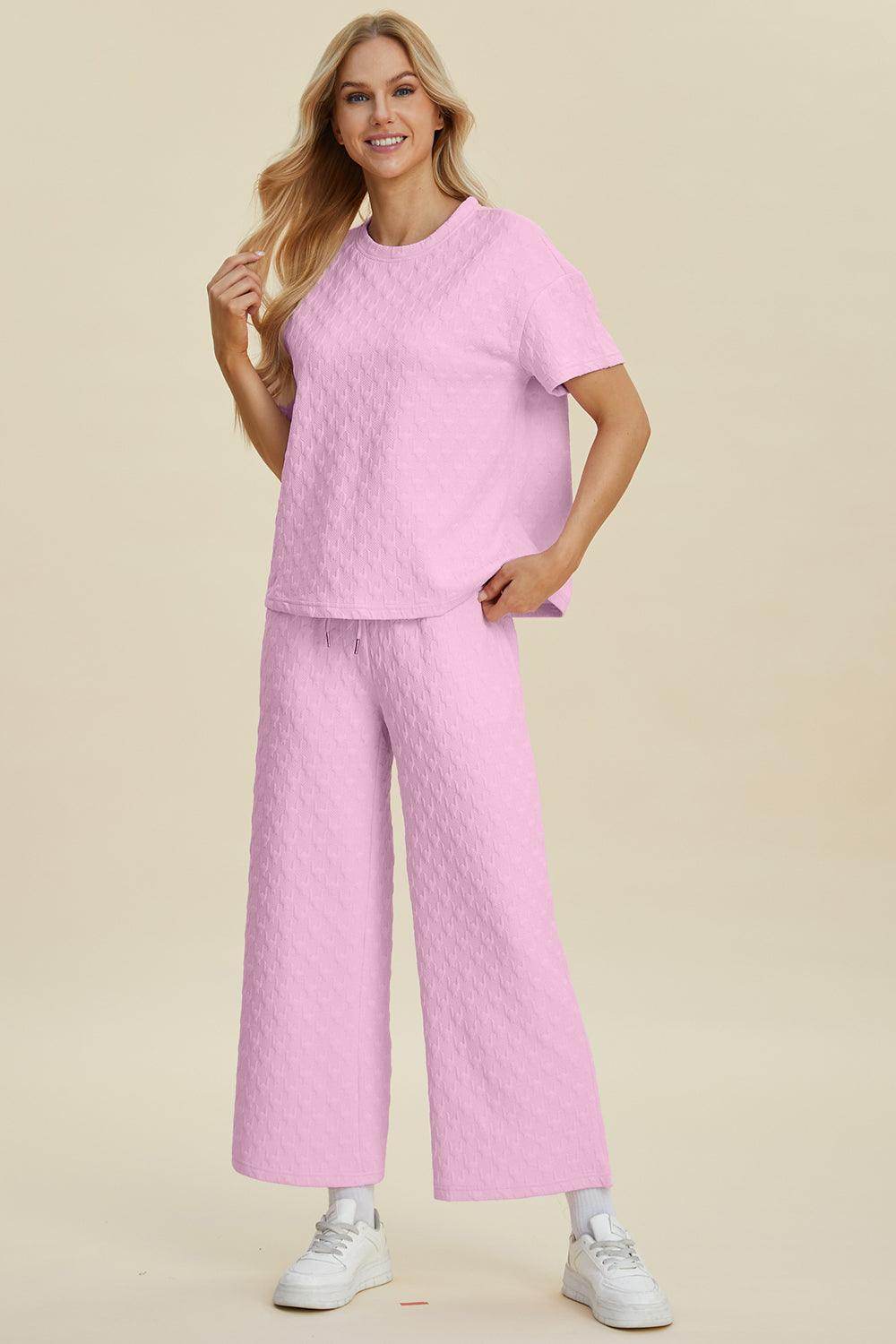 Double Take Full Size Texture Round Neck Top and Pants Set - Selvanelle