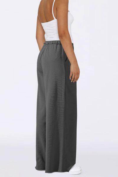 High Waist Wide Leg Pants with Pockets and Frill Detail - Selvanelle