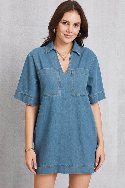 Stylish Pocketed Collared Neck Mini Denim Dress for Women - Selvanelle