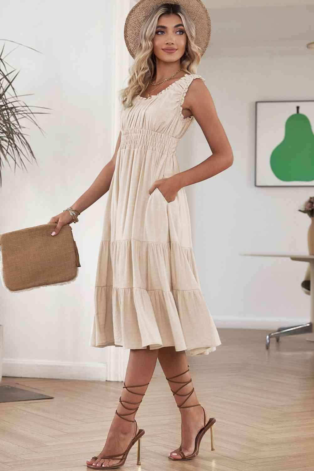 Smocked Waist Sleeveless Tiered Dress with Pockets Midi - Selvanelle