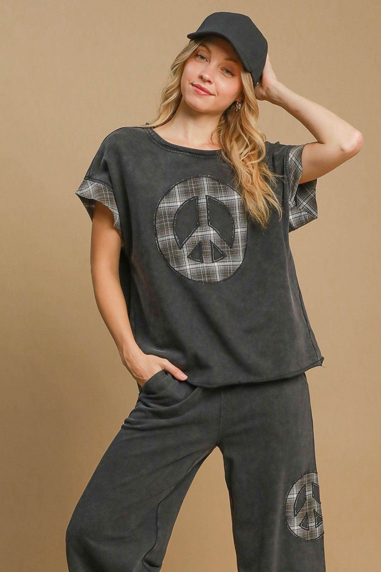 Umgee Peace Applique Round Neck French Terry Top for Women - Selvanelle