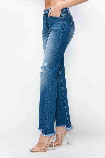 Bytos Full Size Raw Hem Distressed Mid Rise Straight Jeans - Selvanelle