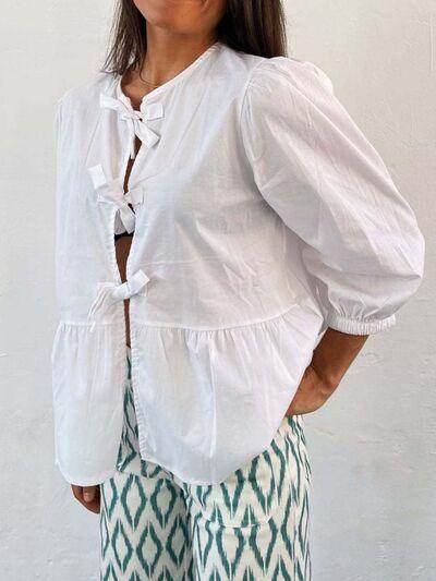 Tied Round Neck Balloon Sleeve Shirt for Stylish Look - Selvanelle