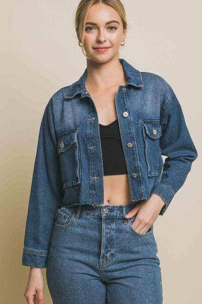 Love Tree Raw Hem Button Up Cropped Denim Jacket for Women - Selvanelle