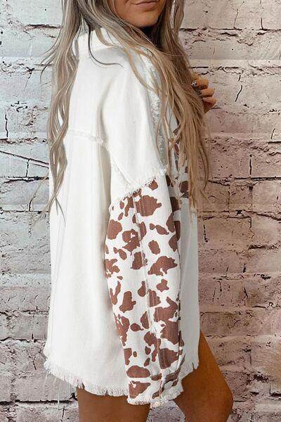 Raw Hem Animal Print Long Sleeve Denim Jacket for Women - Selvanelle