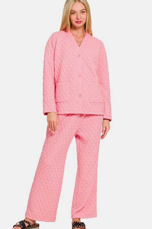 Zenana Quilted Button Up Long Sleeve Top and Pants Set - Selvanelle