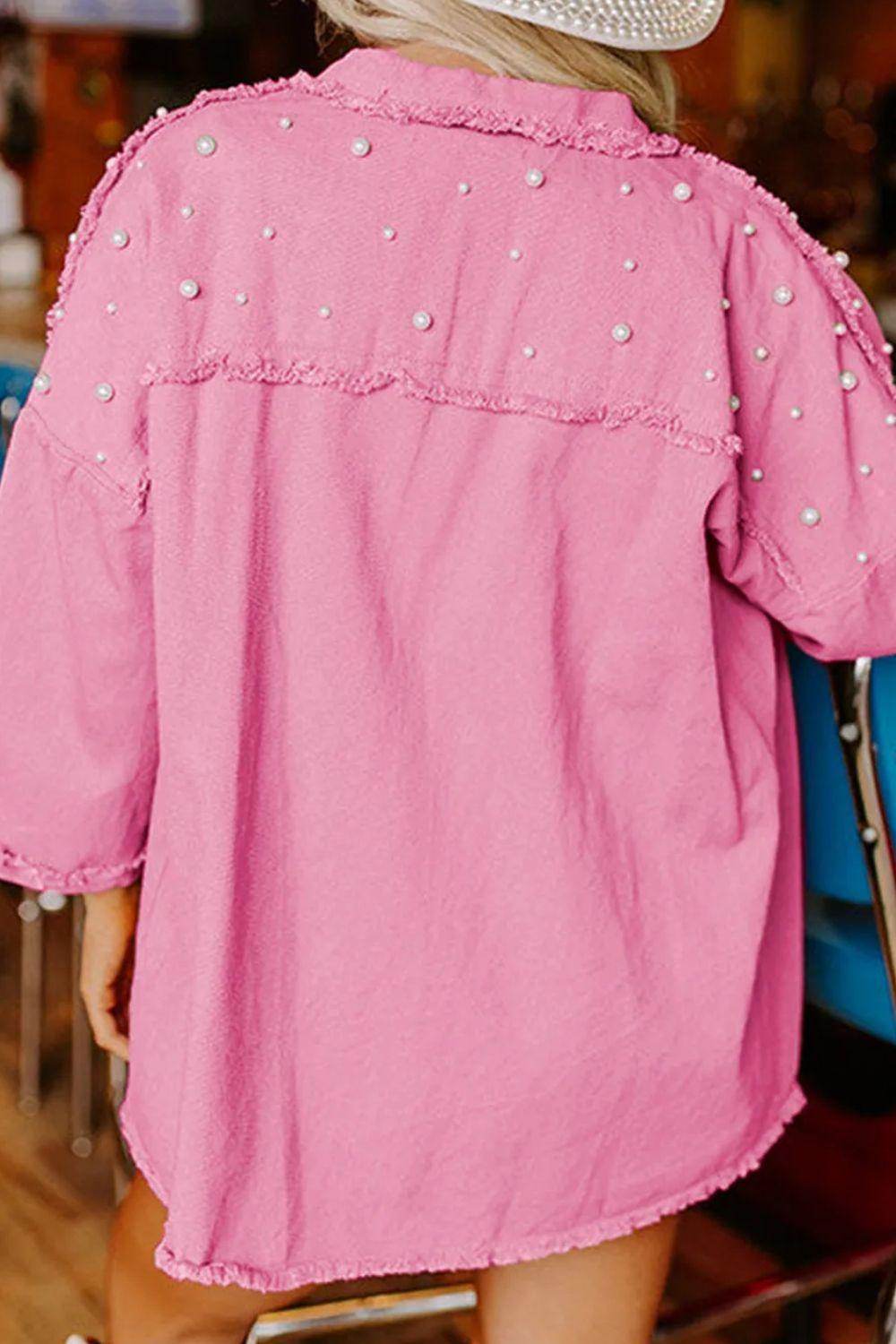 Raw Hem Pearl Trim Dropped Shoulder Denim Jacket for Women - Selvanelle