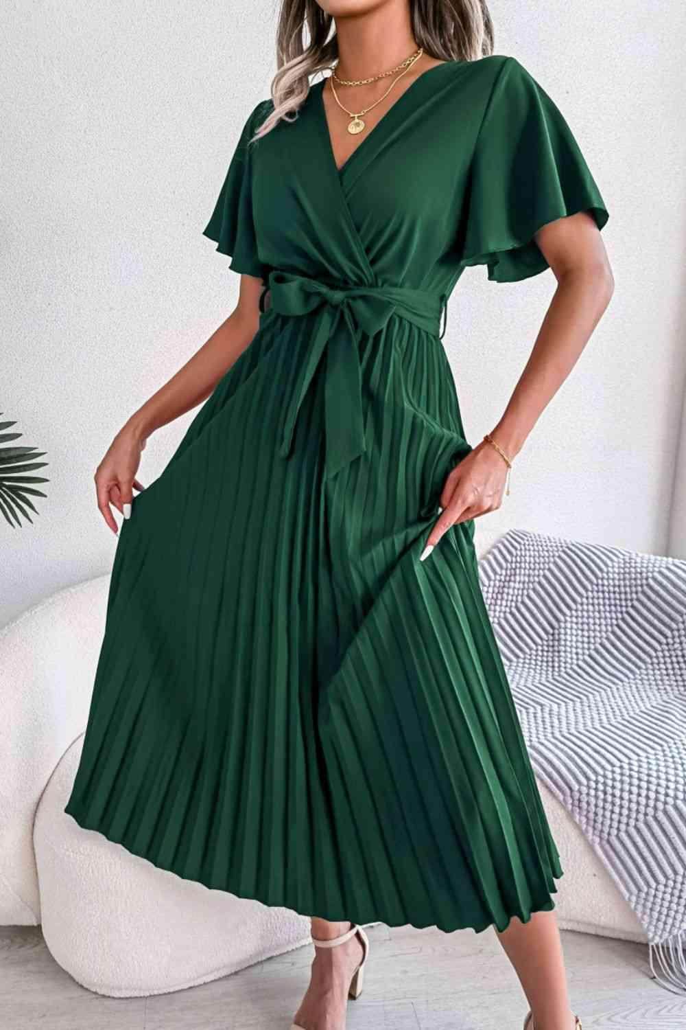 Pleated Flutter Sleeve Belted Dress for Casual Wear - Selvanelle