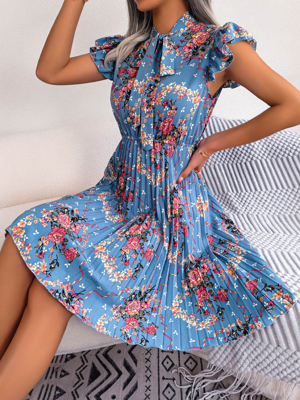 Pleated Floral Printed Tie Neck Knee Length Dress - Selvanelle