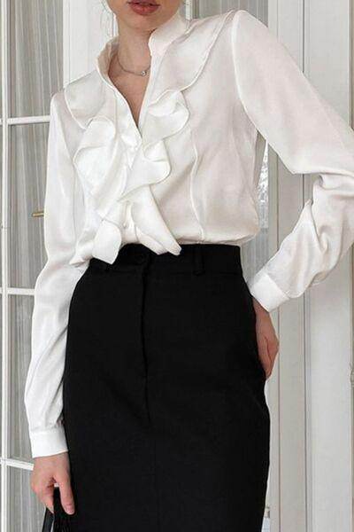 Ruffled Notched Long Sleeve Shirt for Women Stylish Fashion - Selvanelle