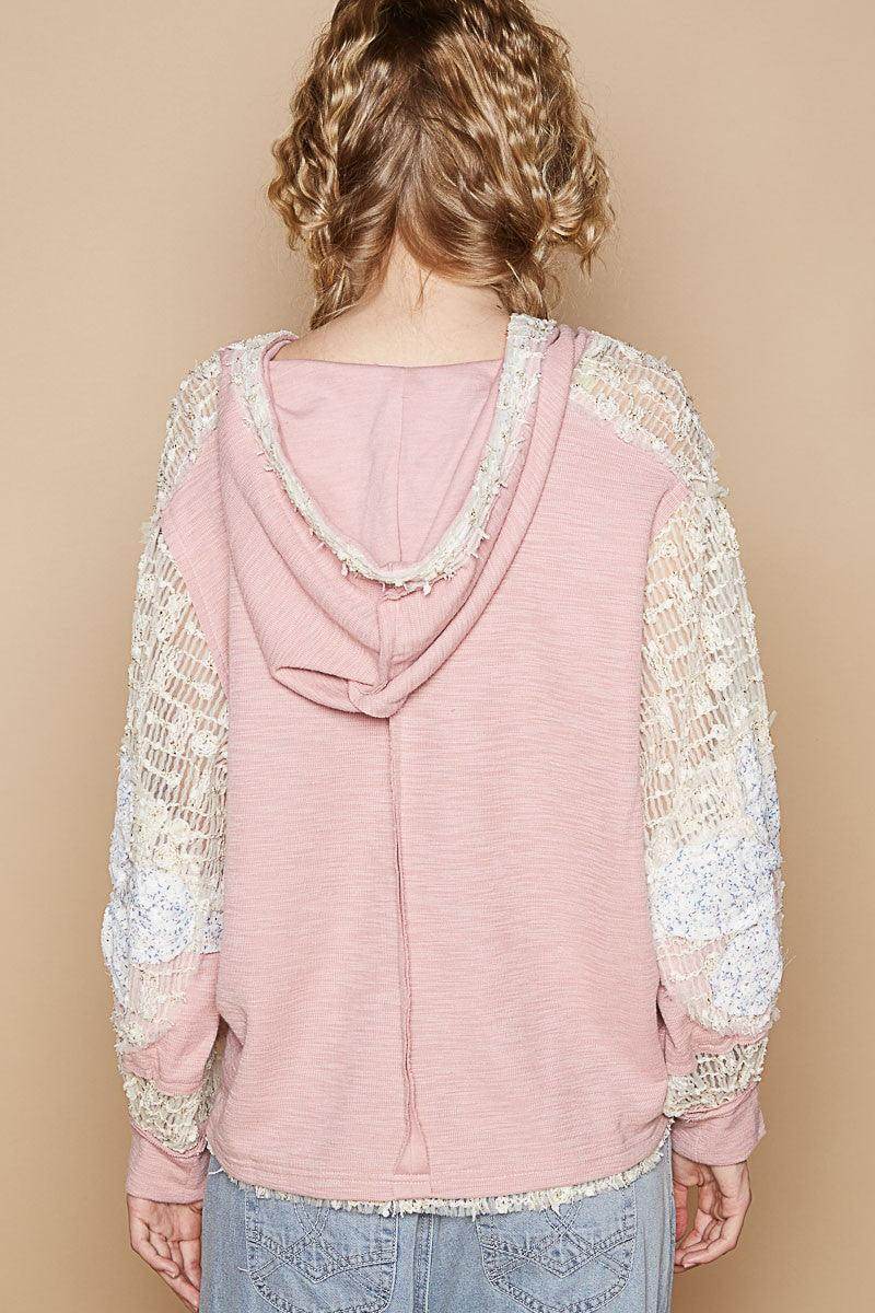 POL Star Patch Lace Long Sleeve Hooded Top for Women - Selvanelle