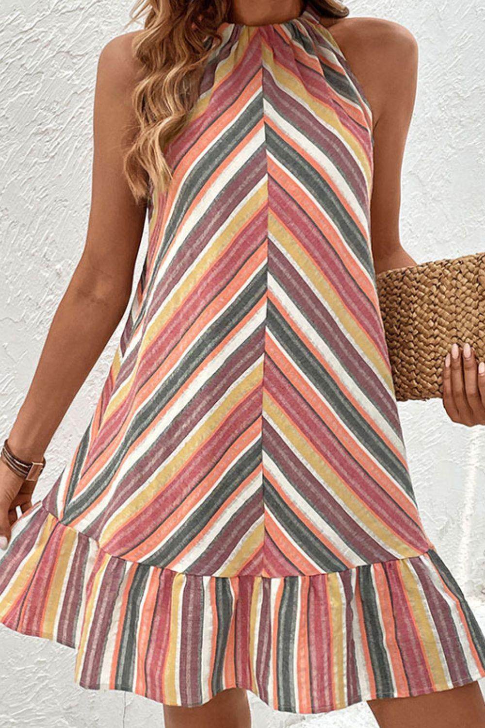 Perfee Striped Round Neck Sleeveless Mini Dress for Women - Selvanelle