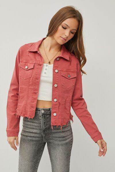 RISEN Full Size Raw Hem Button Up Cropped Denim Jacket Plus Size - Selvanelle