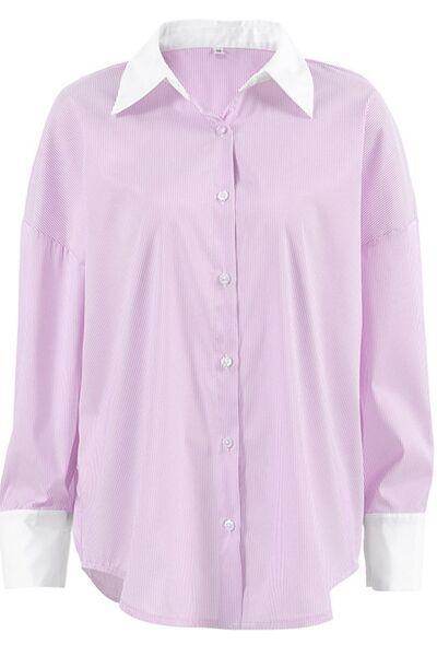Striped Collared Neck Long Sleeve Shirt for Women Fashion - Selvanelle