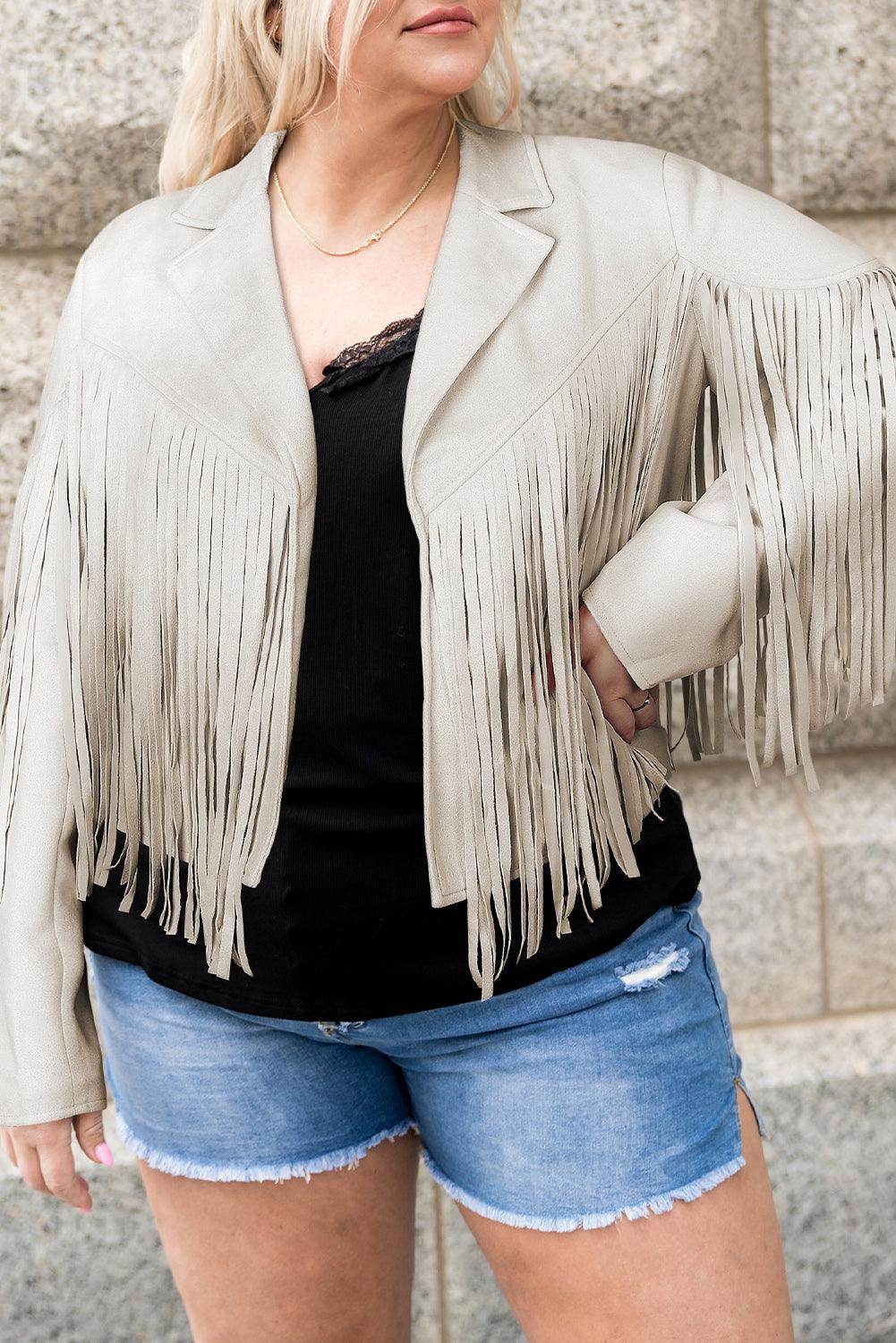 Plus Size Fringe Open Front Jacket for Stylish Layering - Selvanelle