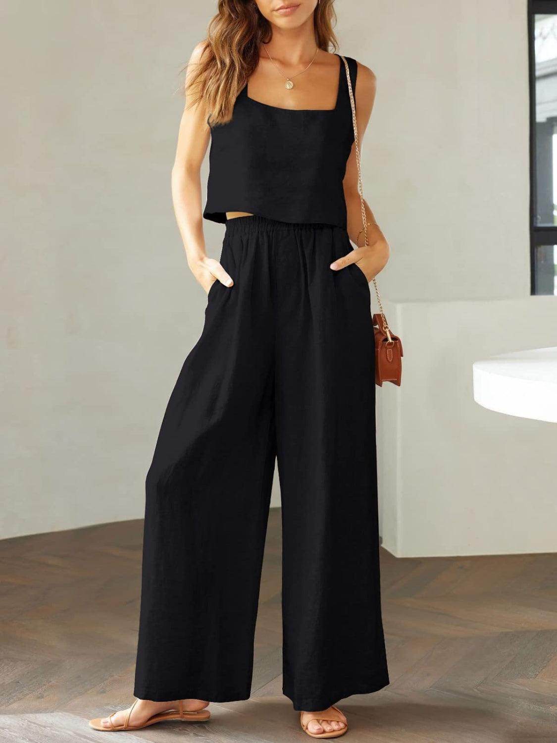 Square Neck Top and Wide Leg Pants Set for Women - Selvanelle