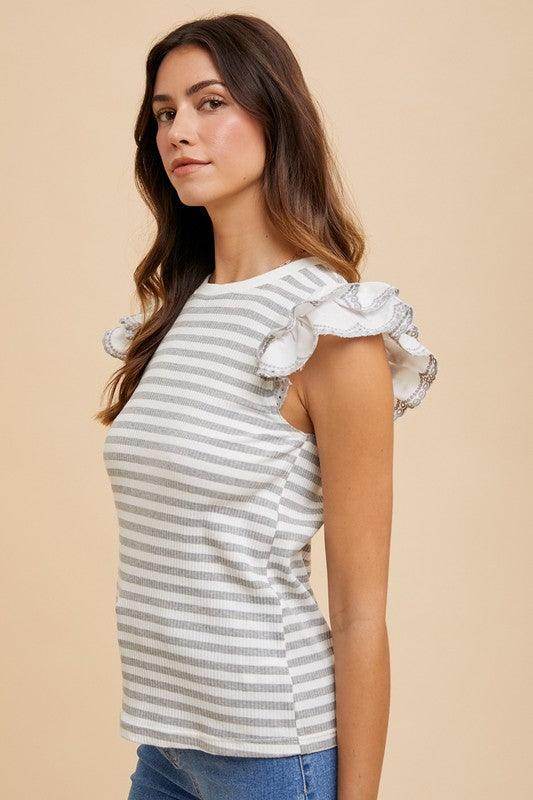 Annie Wear Ruffled Striped Round Neck Cap Sleeve Knit Top - Selvanelle