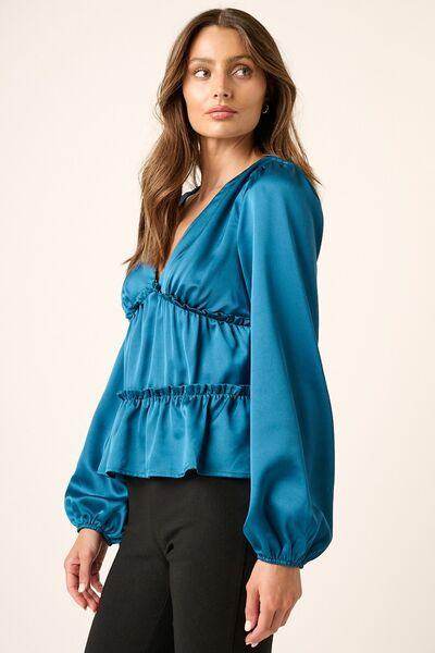 Mittoshop Satin V Neck Ruffled Tier Blouse for Women - Selvanelle