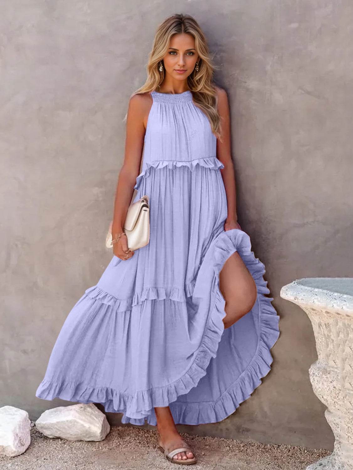 Ruffled Sleeveless Tiered Maxi Dress with Pockets - Selvanelle