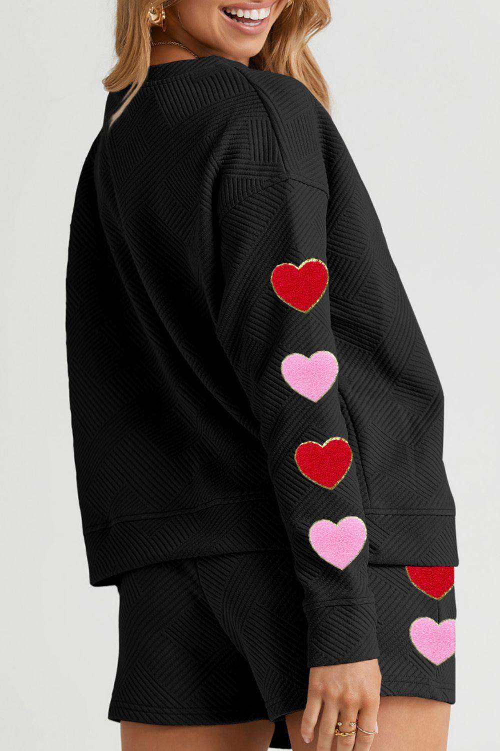 Heart Texture Round Neck Top and Drawstring Shorts Set - Selvanelle