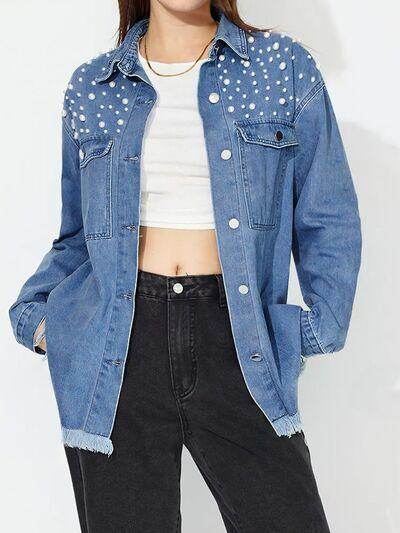 Raw Hem Pearl Trim Collared Neck Denim Top for Women - Selvanelle