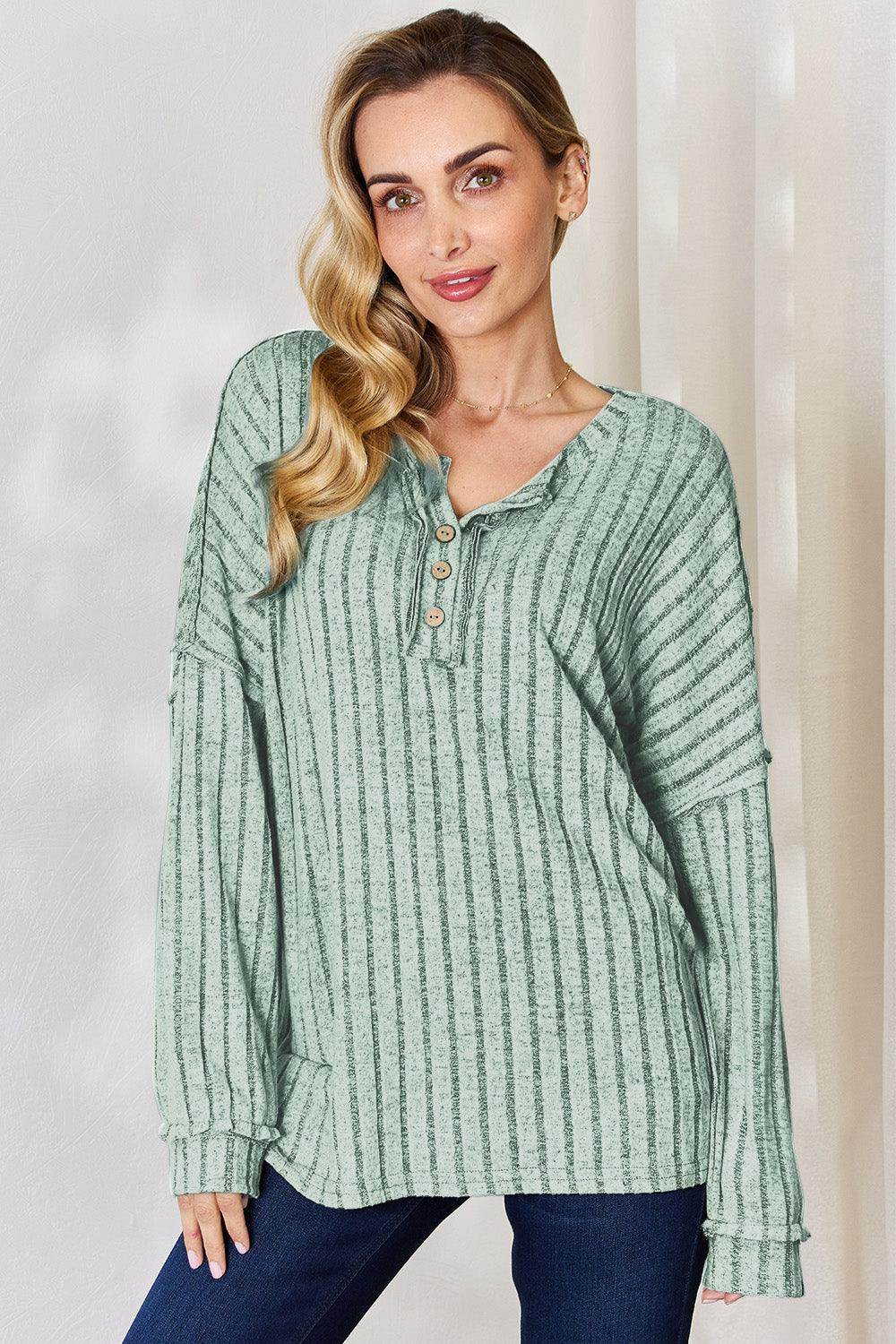 Basic Bae Full Size Ribbed Half Button Long Sleeve T-Shirt - Selvanelle