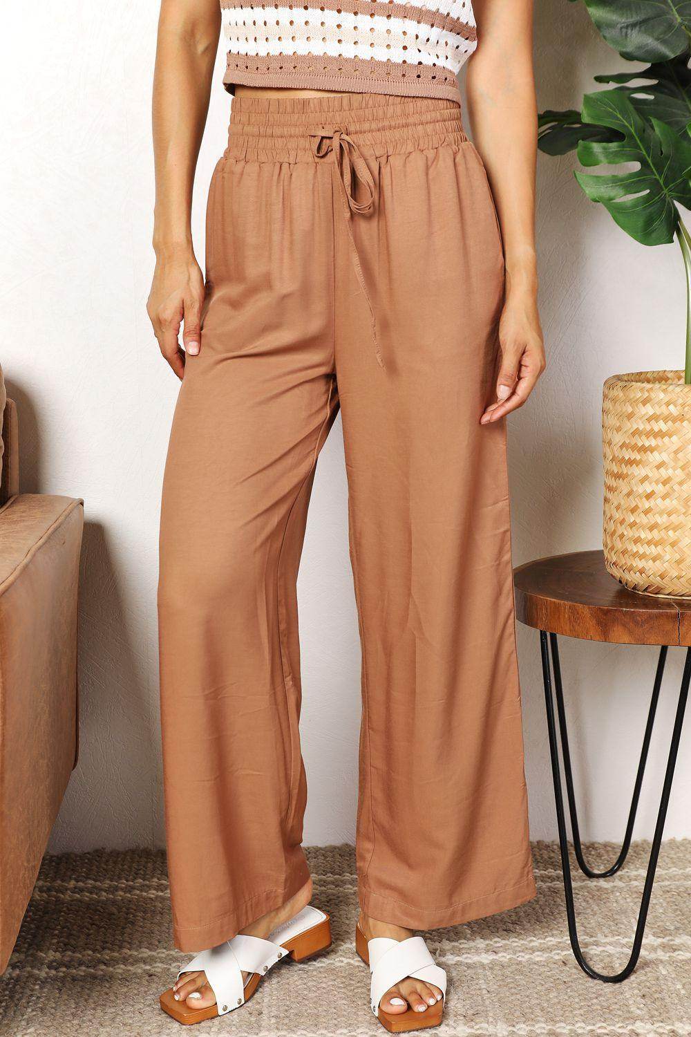 Double Take Drawstring Smocked Waist Wide Leg Pants for Women - Selvanelle