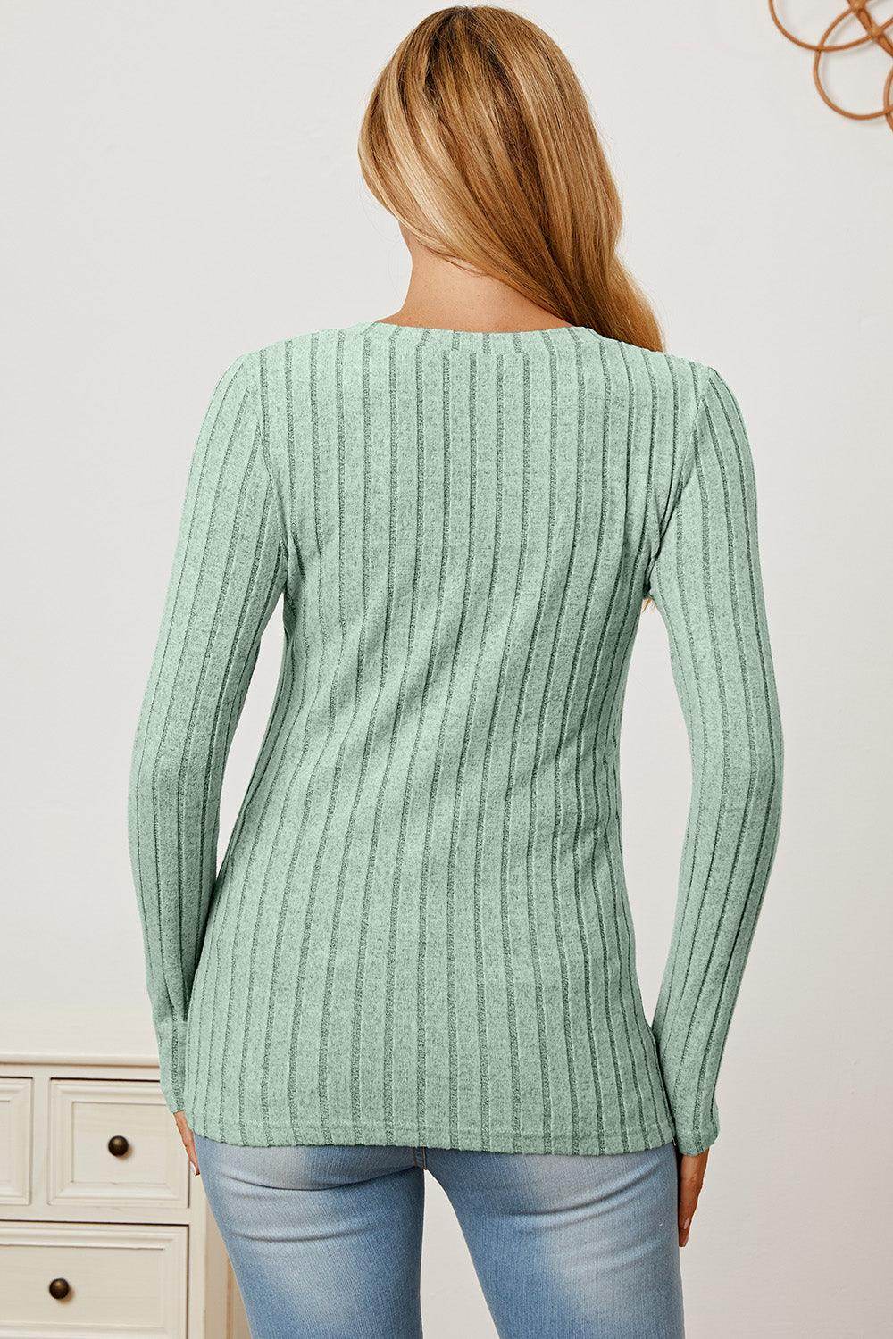 Basic Bae Full Size Ribbed V-Neck Long Sleeve T-Shirt - Selvanelle