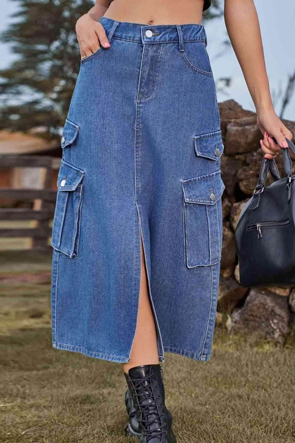Slit Front Midi Denim Skirt with Pockets for Women - Selvanelle
