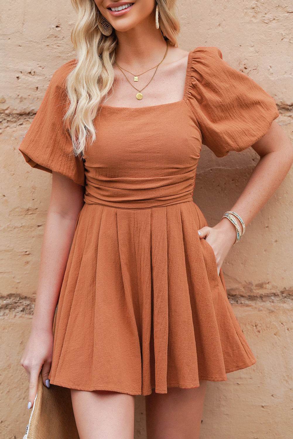 Square Neck Pleated Romper with Pockets - Selvanelle