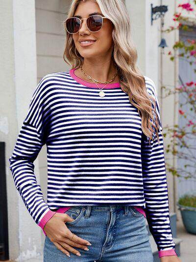 Striped Contrast Round Neck Long Sleeve Sweater for Women - Selvanelle