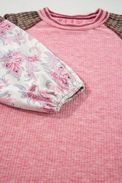 Plaid Floral Patchwork Round Neck Long Sleeve Top for Women - Selvanelle