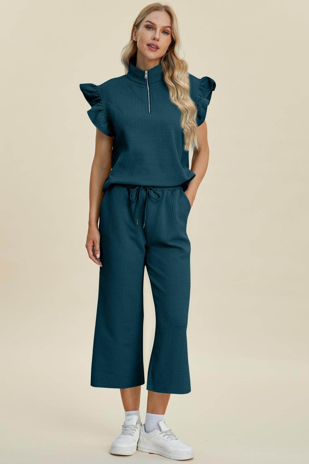 Double Take Full Size Texture Ruffle Top and Pants Set - Selvanelle
