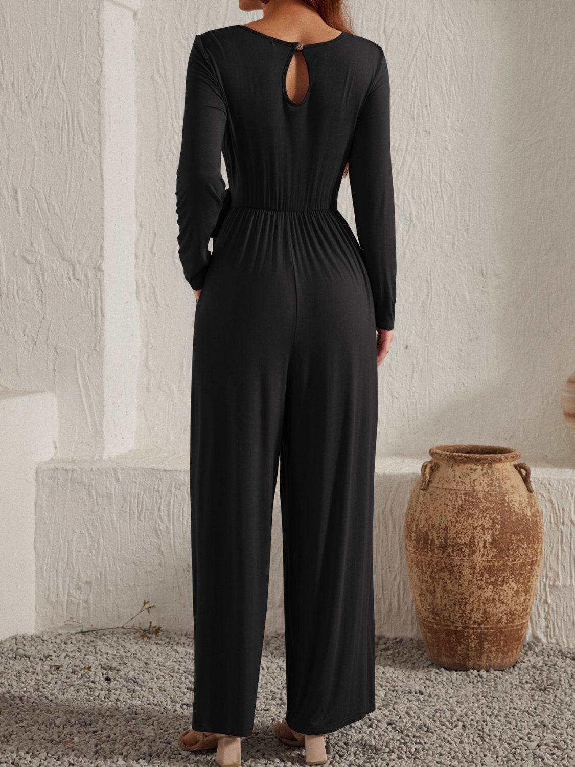 Tied Round Neck Long Sleeve Jumpsuit - Selvanelle