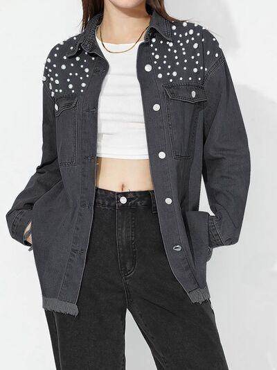 Raw Hem Pearl Trim Collared Neck Denim Top for Women - Selvanelle