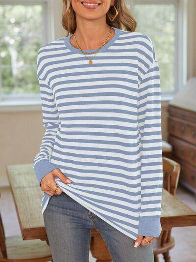 Lovelet Striped Round Neck Long Sleeve T-Shirt for Women - Selvanelle