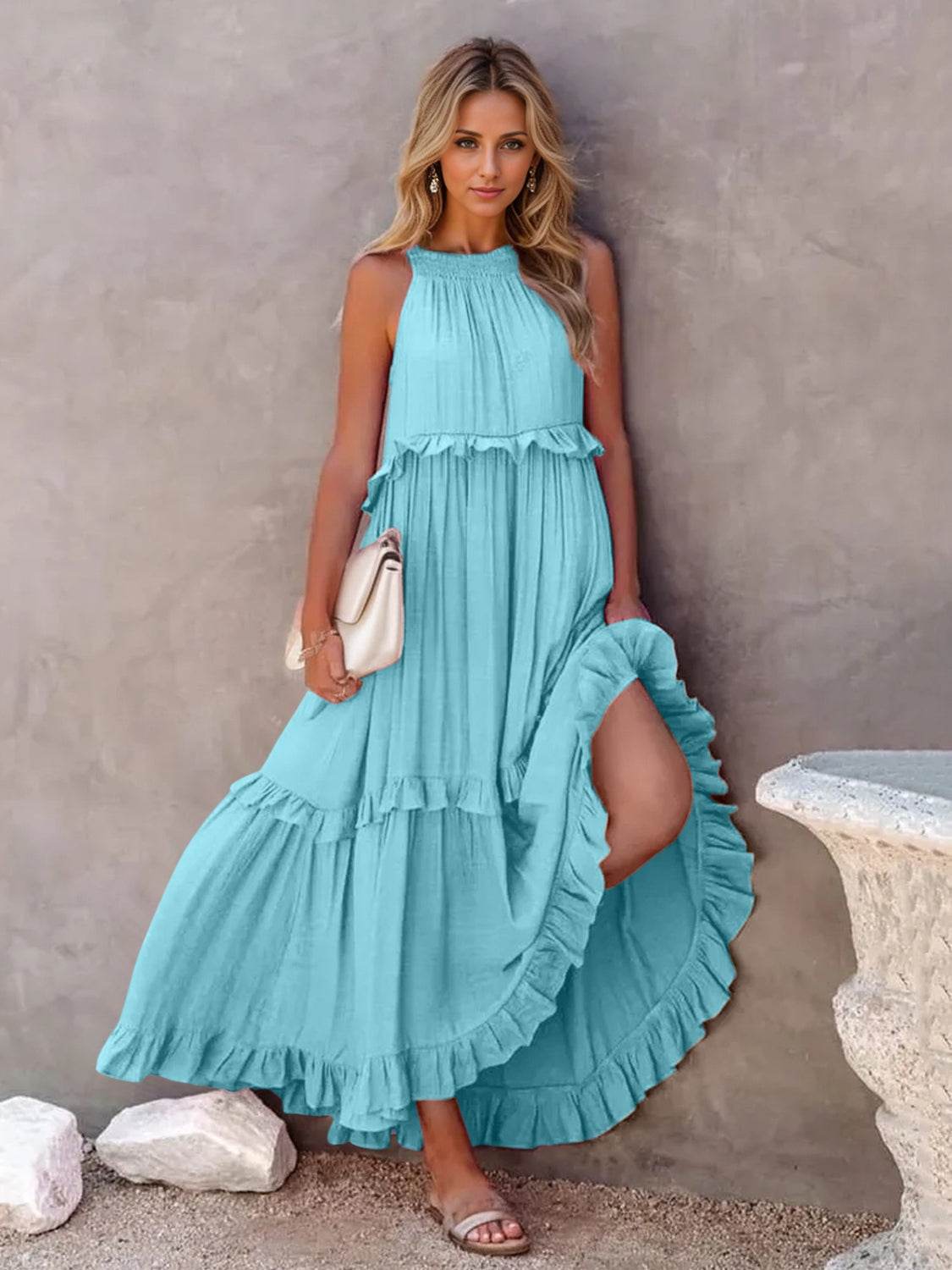 Ruffled Sleeveless Tiered Maxi Dress with Pockets - Selvanelle