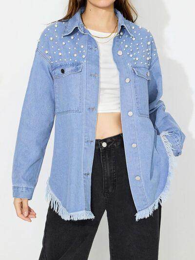 Raw Hem Pearl Trim Collared Neck Denim Top for Women - Selvanelle