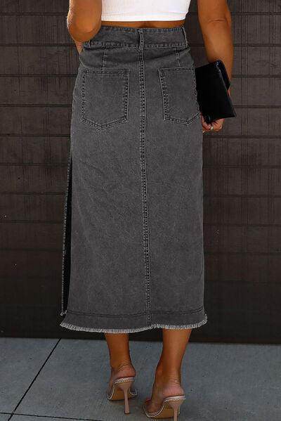 Raw Hem Slit Pocketed Midi Denim Skirt for Women - Selvanelle