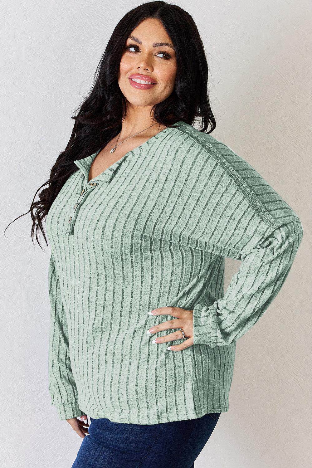 Basic Bae Full Size Ribbed Half Button Long Sleeve T-Shirt - Selvanelle