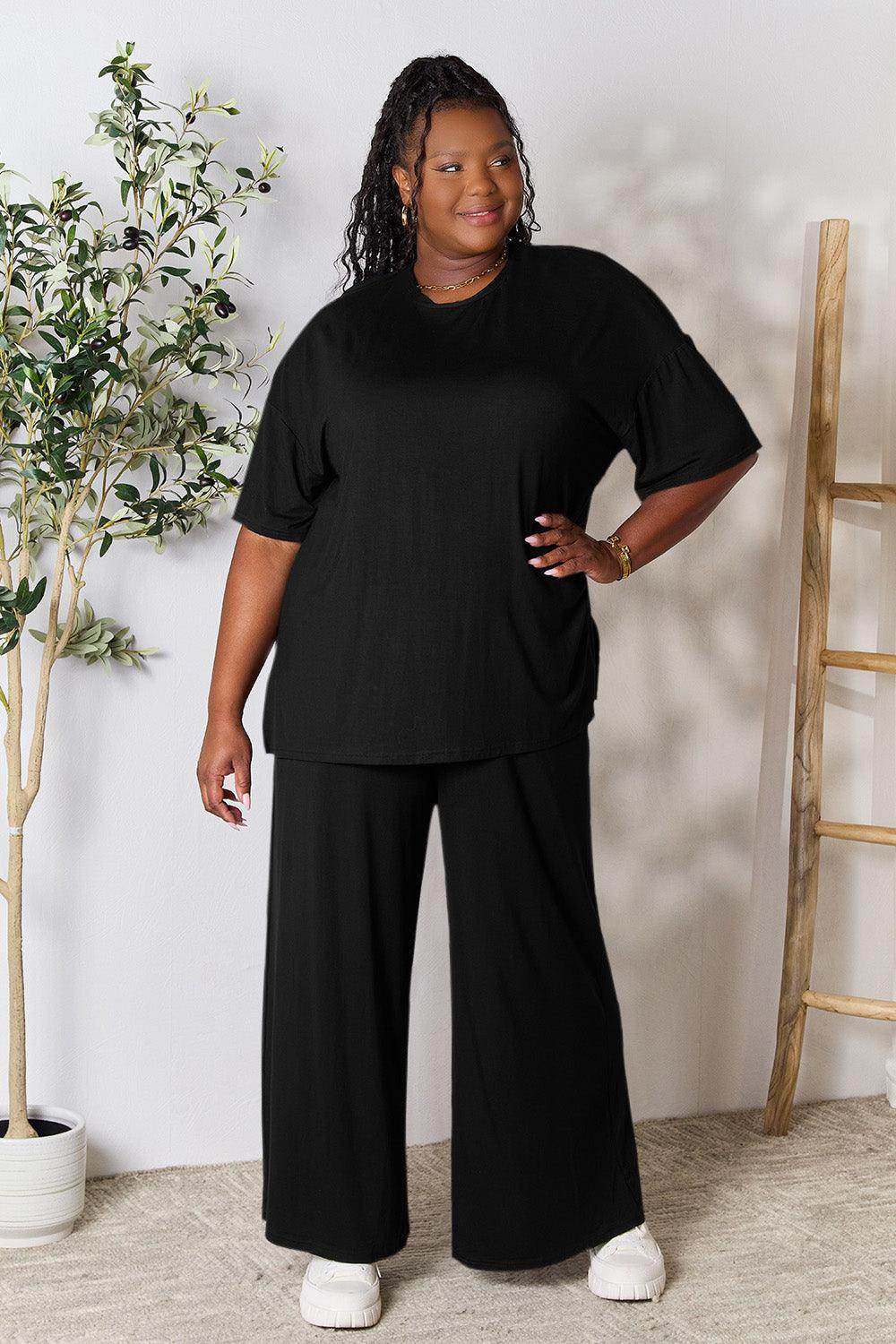 Double Take Full Size Round Neck Slit Top and Pants Set - Selvanelle