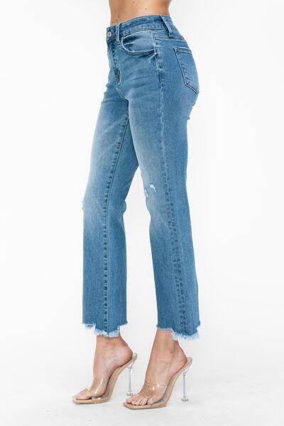 bytos Raw Hem Distressed Mid Rise Crop Jeans for Women - Selvanelle