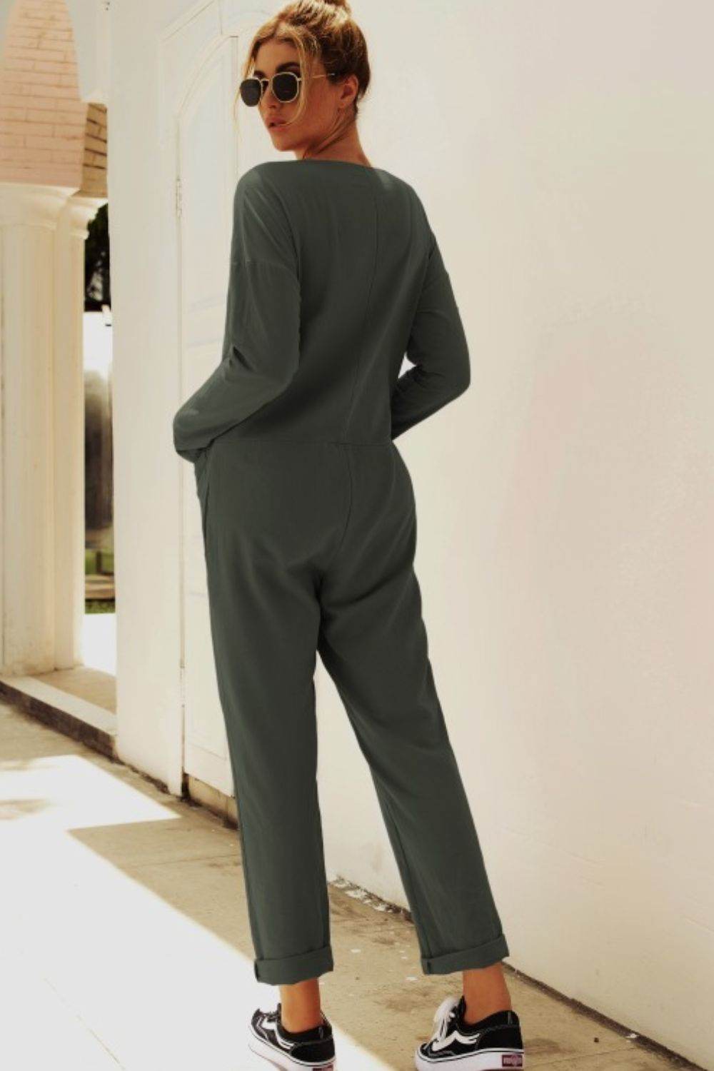 Buttoned Drop Shoulder Pocket Jumpsuit - Selvanelle
