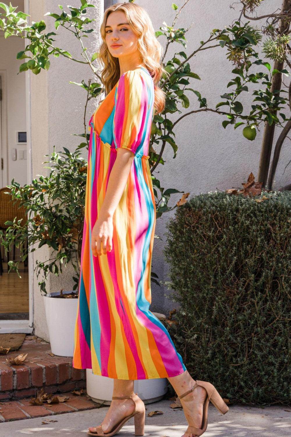 ODDI Full Size Striped Puff Sleeve Wide Leg Jumpsuit Chic - Selvanelle