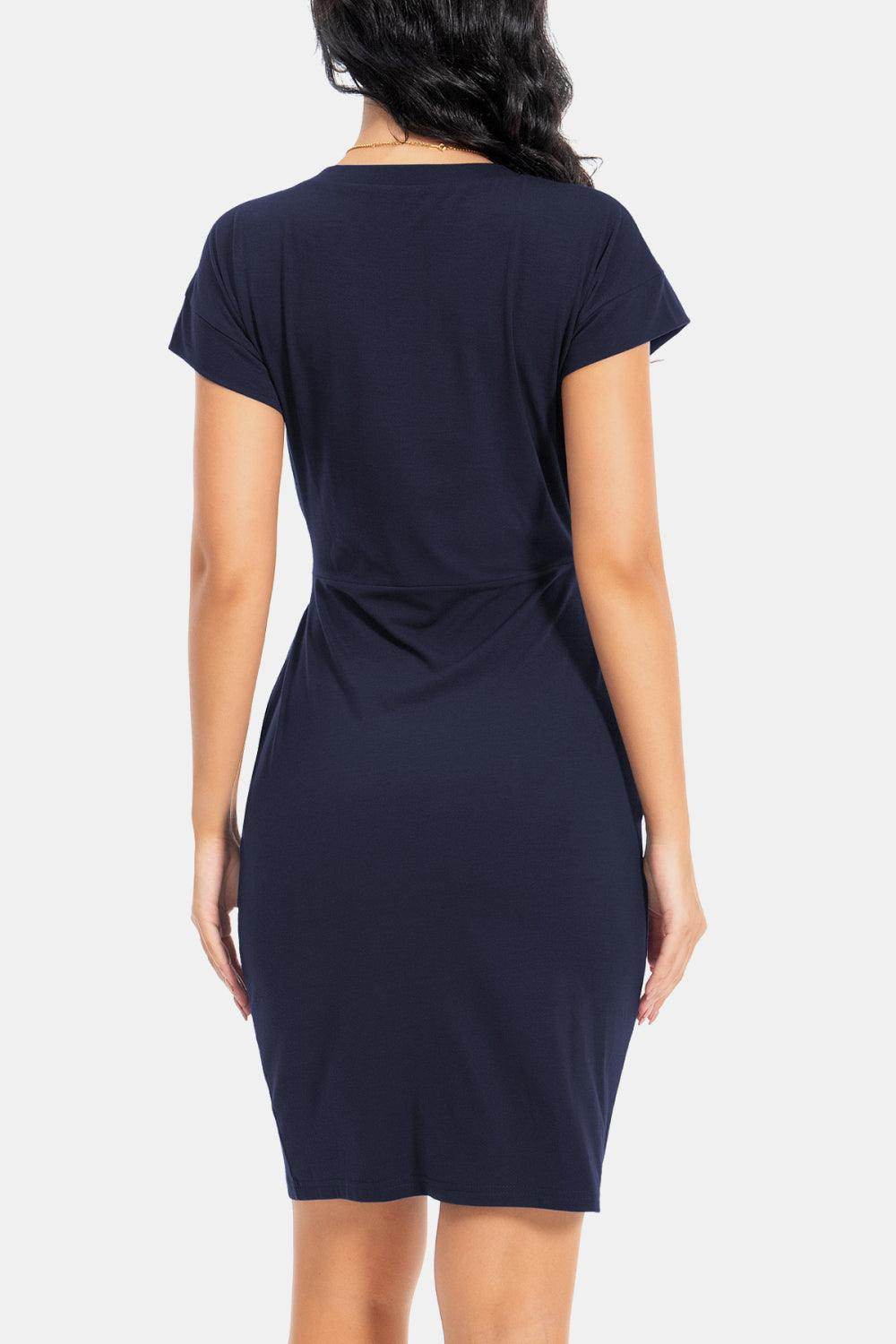 Tie Front Round Neck Short Sleeve Dress for Women - Selvanelle