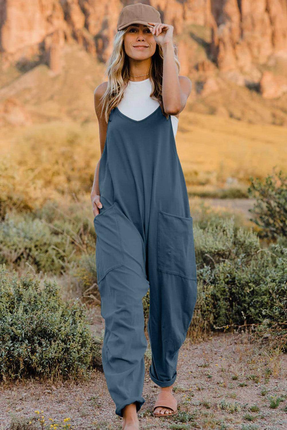 Double Take Full Size V-Neck Sleeveless Jumpsuit with Pockets - Selvanelle