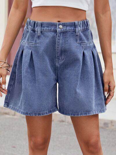 Ruched Half Elastic Waist Denim Shorts for Women Comfort - Selvanelle