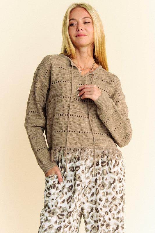 Davi & Dani Fringe Hem Openwork Drop Shoulder Knit Top - Selvanelle